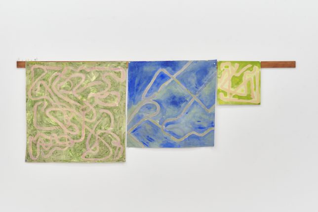 三枚のヘビの絵(2021),acrylic and pencil on unstretched canvas,pins,wood,